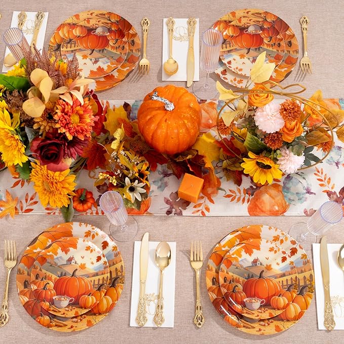 60PCS Thanksgiving Plastic Plates - Heavy Duty Fall Plastic Plates - Pumpkin Disposable Plates Include 30 Dinner & 30 Dessert Plate for Friendsgiving Party Holiday