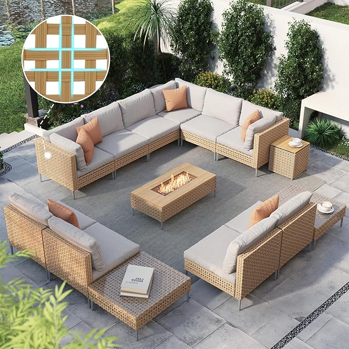 Grand patio 14-Piece Patio Furniture Set with 47" Fire Pit Table, Outdoor Conversation Set & 50,000 BTU 47 Inch Rectangle Propane Fire Pit & Storage Box with Water Resistant Thick Cushions, Cream
