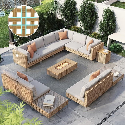 Grand patio 14-Piece Patio Furniture Set with 47" Fire Pit Table, Outdoor Conversation Set & 50,000 BTU 47 Inch Rectangle Propane Fire Pit & Storage Box with Water Resistant Thick Cushions, Cream