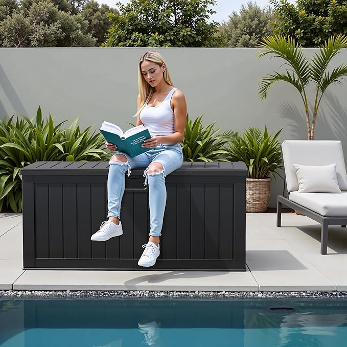 Flamaker Resin Deck Box 250 Gallon, Waterproof Imitation-Wood Lockable Storage Box with Separator Plate Outdoor Indoor, Garden, Patio Furniture for Tools&Pool Accessories (Black)