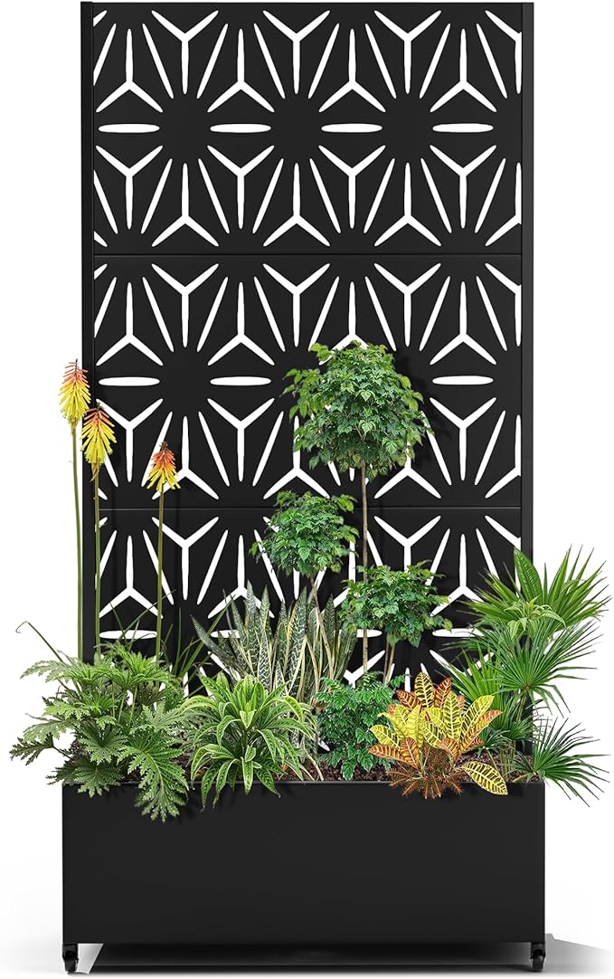 15.7"×70.9"×35.4" Metal Raised Garden Bed with Trellis and Wheels - Tall Trellis Planter Box for Climbing Plants, Vegetables & Vines - Outdoor Privacy Planters for Patio (Black-Star)