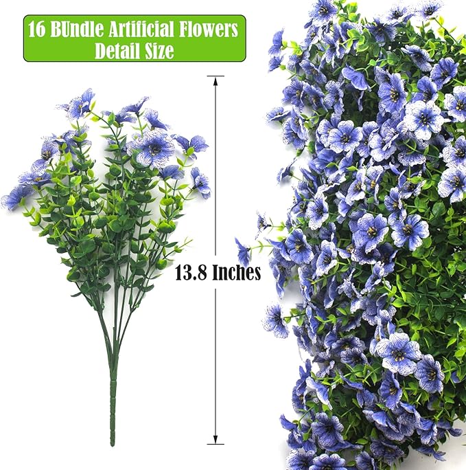 Artificial Fake Flowers for Outdoor Spring Decoration, 16 Bundles Faux Silk Colorful Daisy UV Resistant Realistic for Outside Porch Patio Home Yard Garden Planters Pots Window Box (Blue)