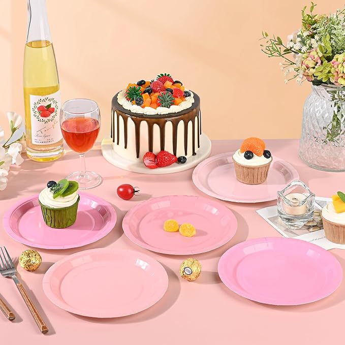 Pink Paper Plates Gradient Pink Party Plates 7”Disposable Round Dessert Plates for Birthday Wedding Bridal Engagement Baby Shower Party Supplies 4 Colors (24)