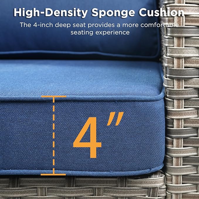 Wicker Swivel Rocker Patio Chairs-High Back Outdoor Swivel Chairs Set of 2 with Thickened Cushions Wide Armrest All Weather Patio Furniture Set for Deck Porch Balcony(Grey/Blue)