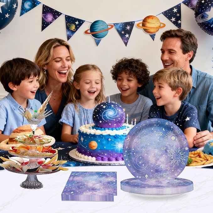 96PCS Space Galaxy Outer Party Supplies for Kids Boys Space Plates and Napkins for Birthday Party Decorations Star Themed Baby Shower Paper Plates Tableware 24 Guests