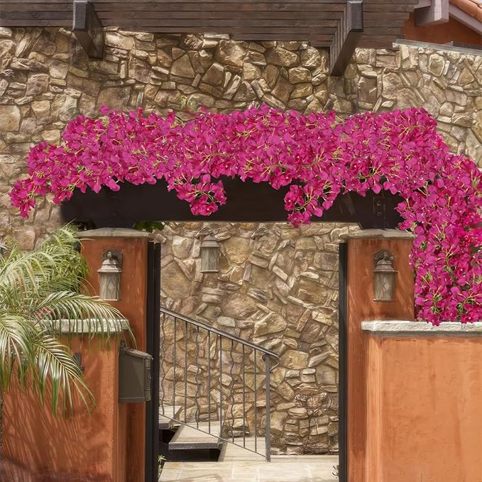 2 Pcs Artificial Bougainvillea Flowers Garland Fake Silk Bougainvilleas Vines Trailing Fuchsia Faux Hanging Flowers Plants Bougainvillea Artificial for Porch Wedding Arch Spring Summer Decor