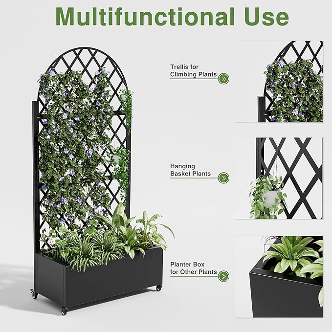 Casaphoria Metal Raised Garden Bed with Trellis and Wheels, 72"x35"x16" Planter Box for Climbing Plants, Vegetables & Vines, Features Drainage Holes and Privacy Screen (Black-Laurence)
