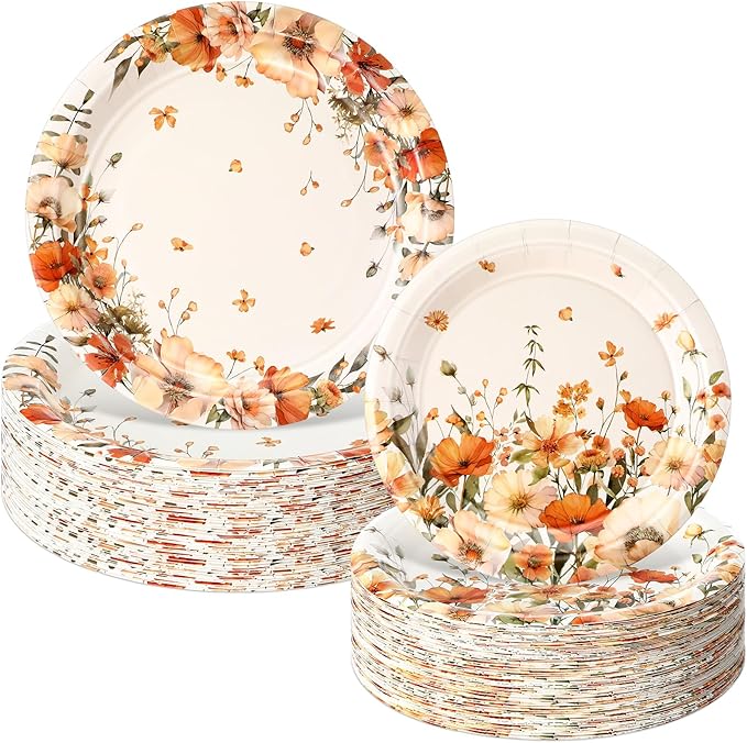 Mumufy 100 Pack Fall Floral Paper Plates 9" & 7" Disposable Autumn Wildflower Cake Dessert Plates Watercolor for Dinner Wedding Baby Shower Birthday Fall Tea Party Decoration Supplies