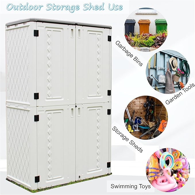 Vertical Resin Storage Shed, 52 Cubic Feet Outdoor Storage Cabinet Waterproof for Garden/Backyard/Home/Pool, Customized Shelves & Lockable(Off White)