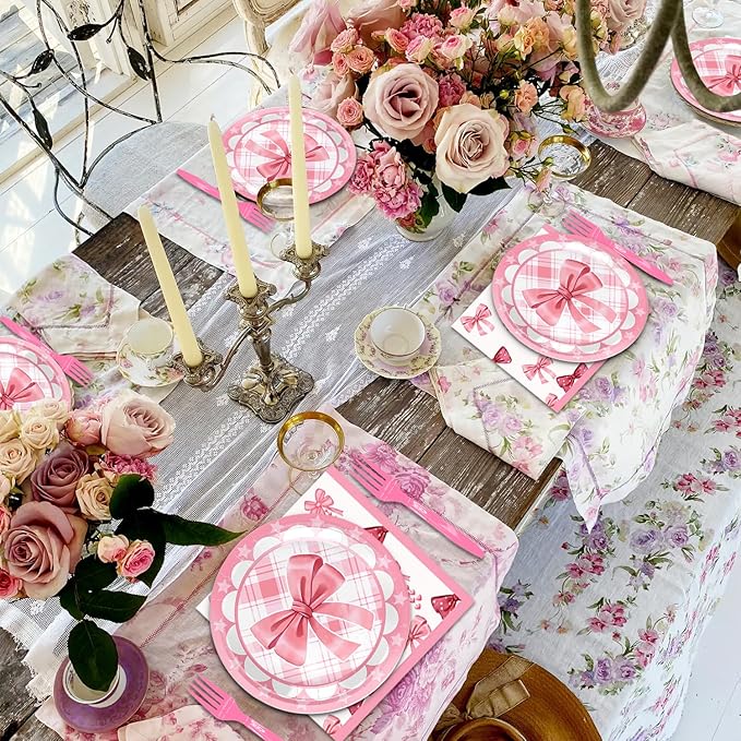 40Pcs Pink Bow Birthday Party Decorations for 20 Guests - Pink Bow Plates and Napkins Party Supplies for Girls Baby Shower