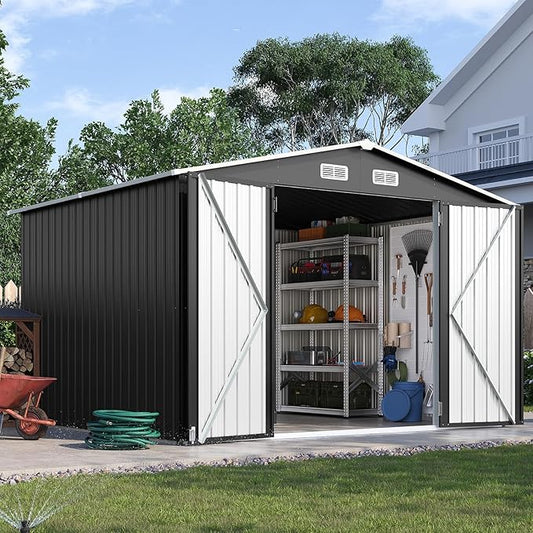 10x8FT Outdoor Storage Shed, Metal Garden Shed with Lockable Double Doors & Sloping Roof, Weather-Resistant Tool Shed for Backyard, Patio, Poolside Black