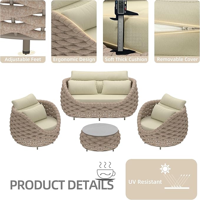 TWT Patio Furniture Sofa Set 4 Pieces Aluminum Outdoor Furniture w/25.6in Coffee Table,Patio Conversation Set with Hand Woven Textilene Rope for Backyard Garden Poolside (Khaki)