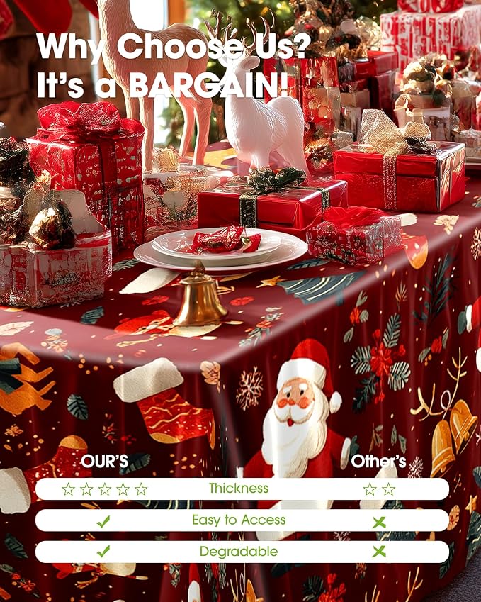 Pureegg Plastic Table Cloth Disposable 8 Pack, 54 x 108 Inch Rectangle Tablecloths, Sturdy Leakproof Plastic Covers for Party, Picnic, Wedding, Winter & Xmas Decoration, Christmas Red