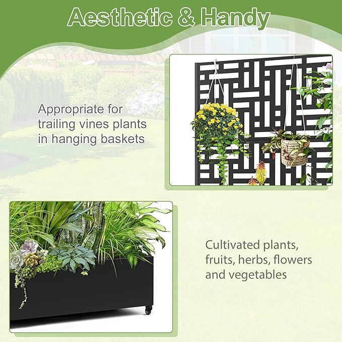 Raised Garden Bed with Trellis and Wheels,73"x47"x16" Metal Raised Garden Bed,Black Modern Metal Planter with Climbing Trellis for Vines & Vegetables