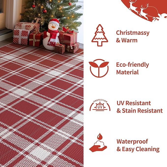 GENIMO Christmas Outdoor Rug for Patio, 8'x10' Waterproof Reversible Plastic Straw Rugs, Lightweight RV Camping Mat for Camper, Balcony, Deck, Backyard, Picnic, Red & White