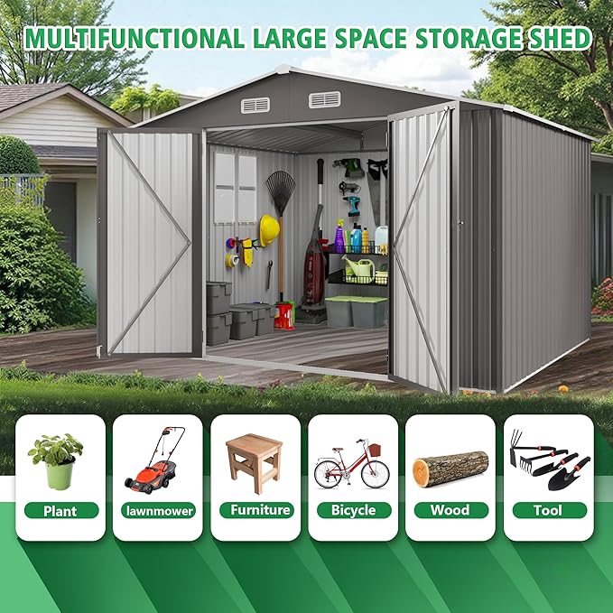 10x12 FT Outdoor Storage Shed with Windows, Metal Sheds & Outdoor Storage with Lockable Door and 4 Vents, Outside Storage Shed Waterproof for Backyard, Garden, Patio, Gray