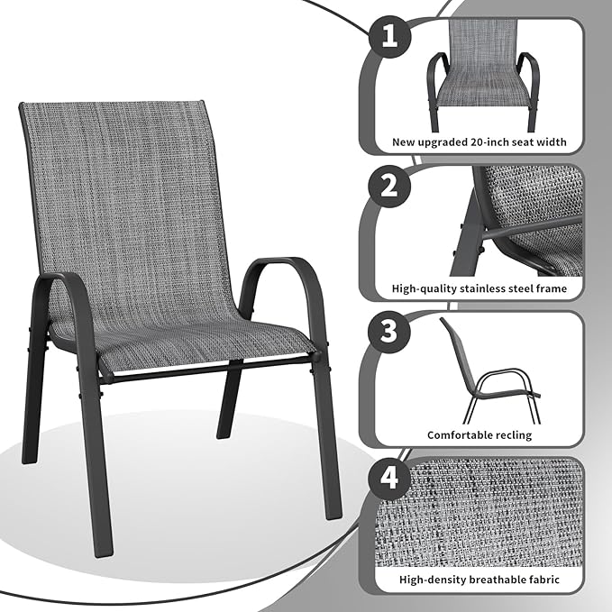 Patio Dining Chairs Set of 2, Outdoor High Stacking Chairs for All Weather, Breathable Seat Fabric and Alloy Steel Frame for Backyard, Porch, Garden (Grey)