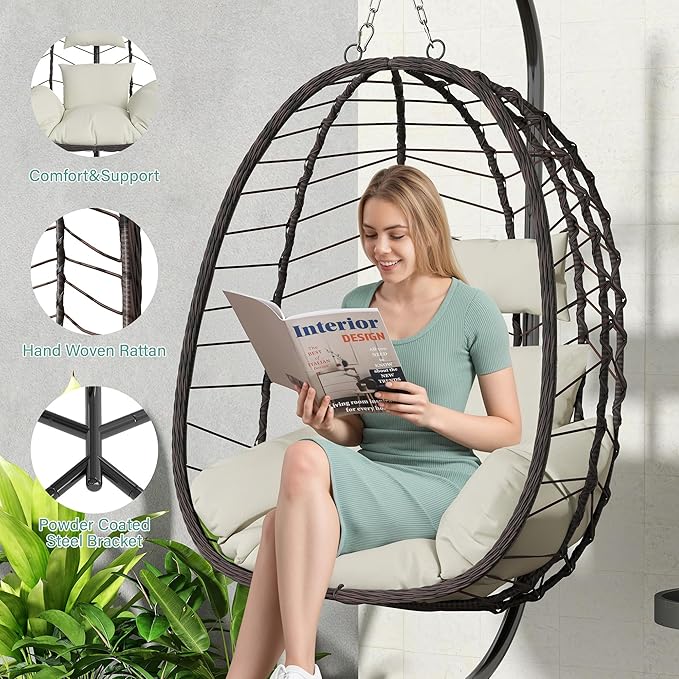 Hanging Egg Chair with Stand, Swinging Egg Chair Outdoor Indoor, Hanging Basket Chair with Cushion, Patio Wicker Hammock Chair 350lbs Capacity for Bedroom, Balcony, Backyard, Garden (Beige)