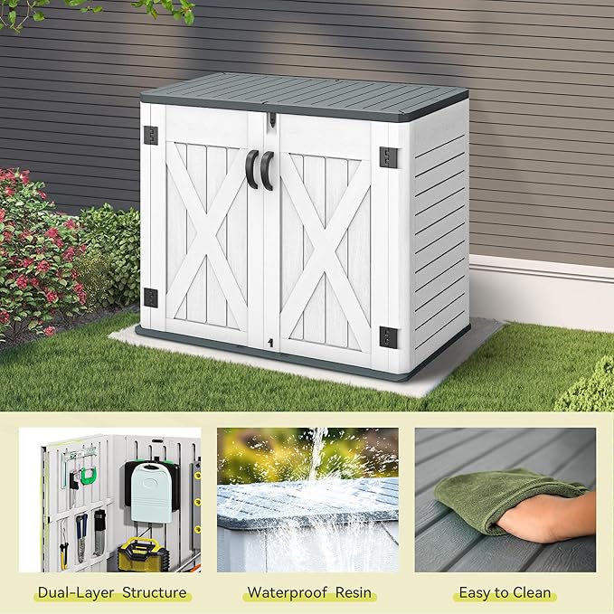 YITAHOME Outdoor Resin Storage Sheds with X-Shaped Lockable Door, 39 in Height Lockable Waterproof Horizontal Shed w/o Shelf, Easy to Assemble Shed Storage for Garden Tools, Light Gray