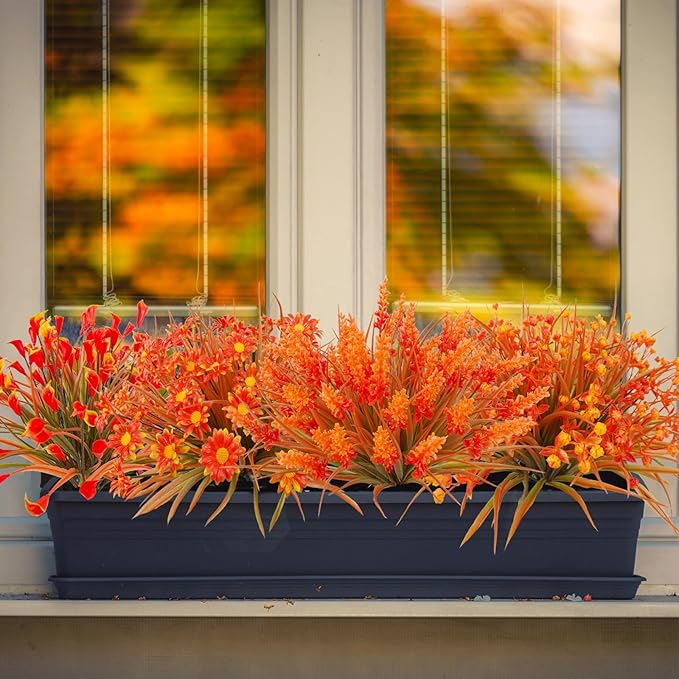 36 Bundles Artificial Fall Flowers for Outdoor UV Resistant Faux Plastic Plants Fake Flowers Greenery Shrubs for Autumn Patio Window Box Kitchen Indoor Outdoor Decor