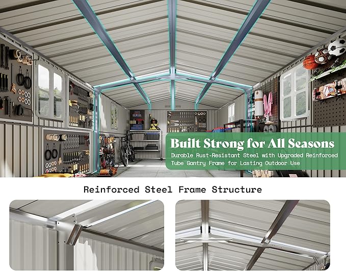 AMERLIFE 12x20x7.2 FT Metal Storage Shed with 2 Transparent Panels, Outdoor Tool Shed with Hinged Double Doors, Windows & Vents, Reinforced Steel Frame for Backyard Garden, DIY Workshop, Dark Gray