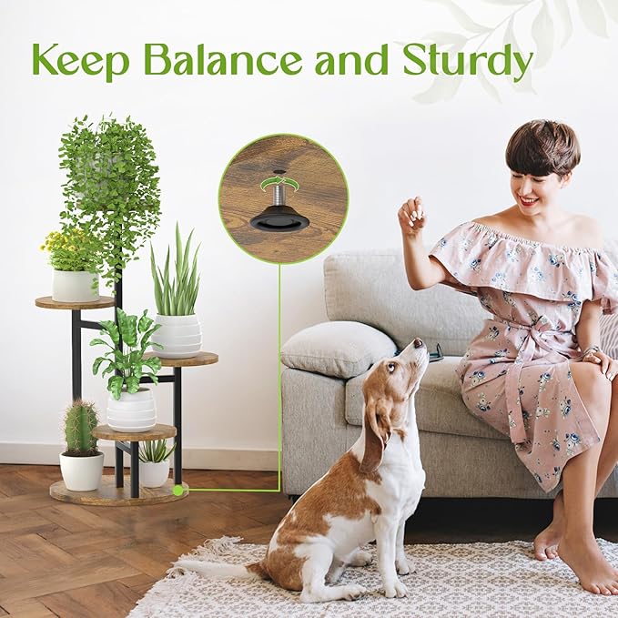 5 Tier Plant Stand Indoor, Metal Wood Flower Holder, Heavy Duty Tall Round Multiple Shelf, Sturdy Spiral Planter Orchid Display Rack for House Living Room Patio Corner Bathroom, Modern Black