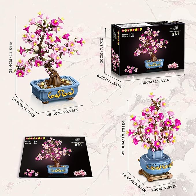 HOGOKIDS Flowers Cherry-Blossom Bonsai Building Set - 2 in 1 Artificial Bonsai Tree Plants for Home Decor & Display Cherry Botanical Flowers Building Toy Birthday Gift for Adults Teens (775PCS)