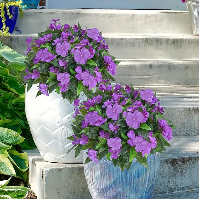 4Pcs Artificial Impatiens Flowers for Outdoors Purple Faux Silk Flowers Outdoor Artificial Impatiens Bush Bouquet Fake Plants for Patio Lawn Garden Hanging Basket Porch Decor