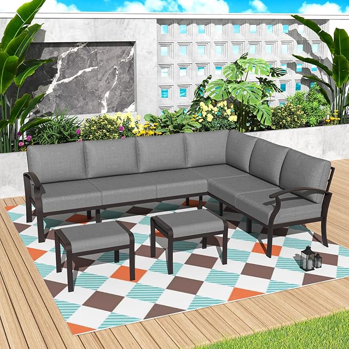 Kurapika Patio Furniture Set 8-Piece Aluminum Sectional Sofa with Armrest, Modern Outdoor Conversation Set, Metal Corner Sofa with Ottoman, Grey
