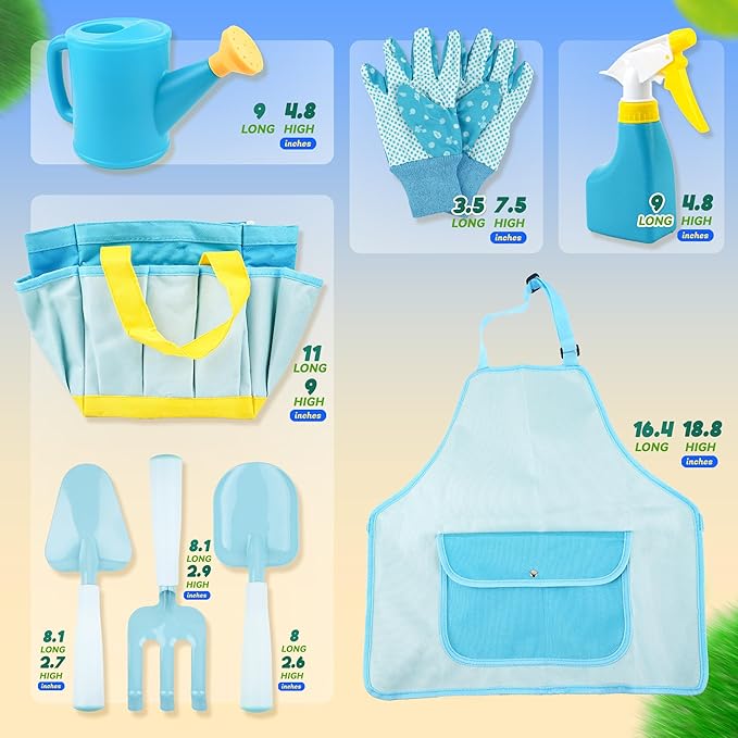 SMILESSKIDDO Kids Gardening Set - Toddler Garden Tool Set with Shovel Rake Trowel, Apron Tote Bag Watering Can and Tool Bag, Ideal Kids Gardening Tools Toy for Boys and Girls (Blue)