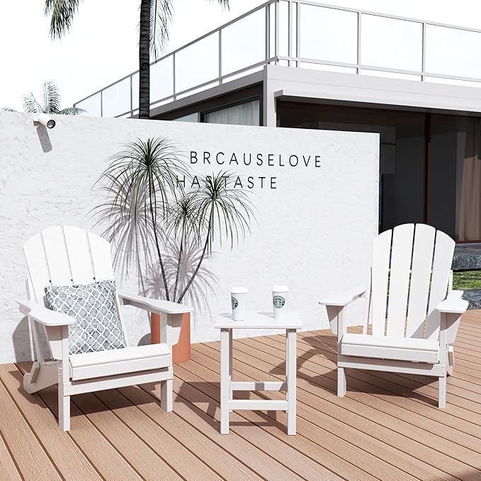 WO Home Furniture Adirondack Chairs Table Set of 3 PCS Outdoor Folding Chairs Side End Table Weather/UV Resistant for Lawn, Garden, Bon Fire, Balcony (White)