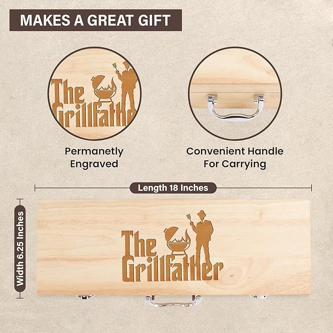 11-Piece BBQ Grilling Set with Engraved Maple Wood Box Gift for Dad Men Stainless Steel Tools with Wooden Handles The Grillfather - Christmas