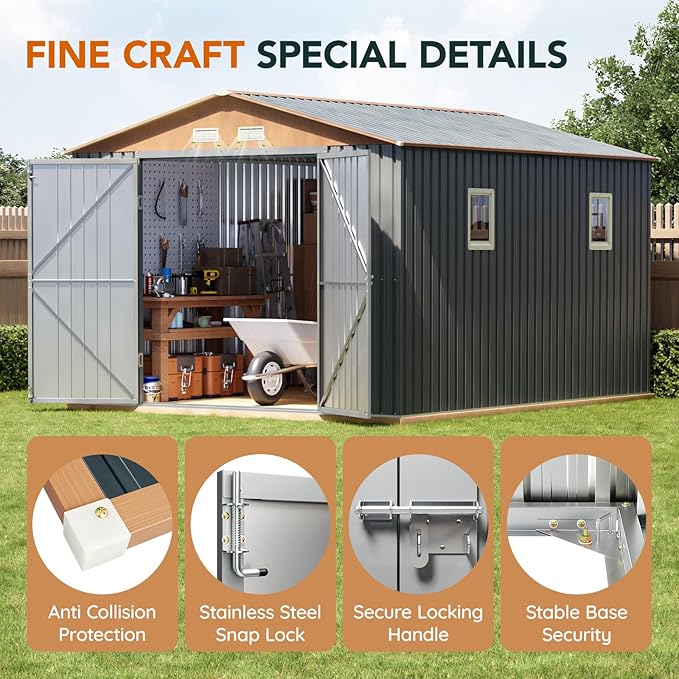 10x12x7.4FT Multi-Used Shed & Outdoor Storage Shed with Lockable Doors, Windows and Vents, Extra Large Metal Tool Shed for Garden, Backyard, Patio, Utility, and Various Storage Shed(Matte Gray)
