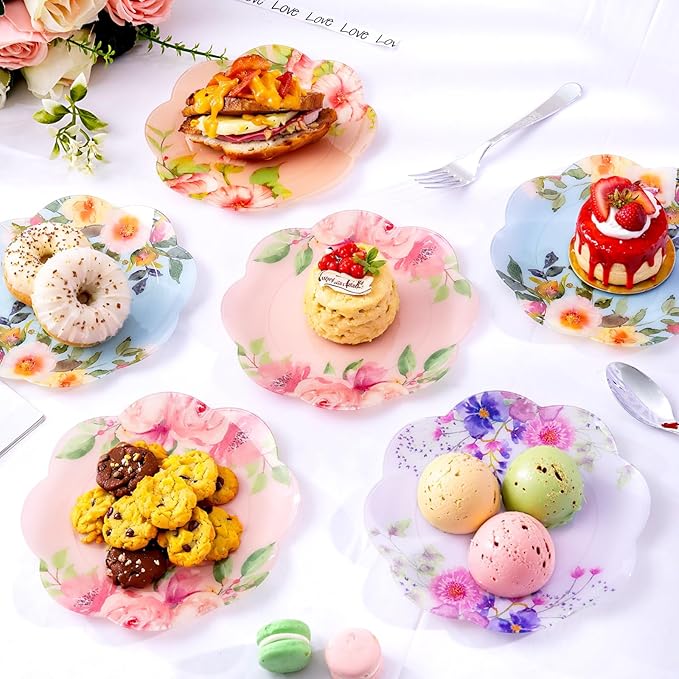 60Pcs Floral Plastic Plates - 7.5inch Dessert Plate Disposable - Heavy Duty Tea Party Plates - Premium Flower Plate Decorations for Birthday Baby Shower Wedding Party Supplies