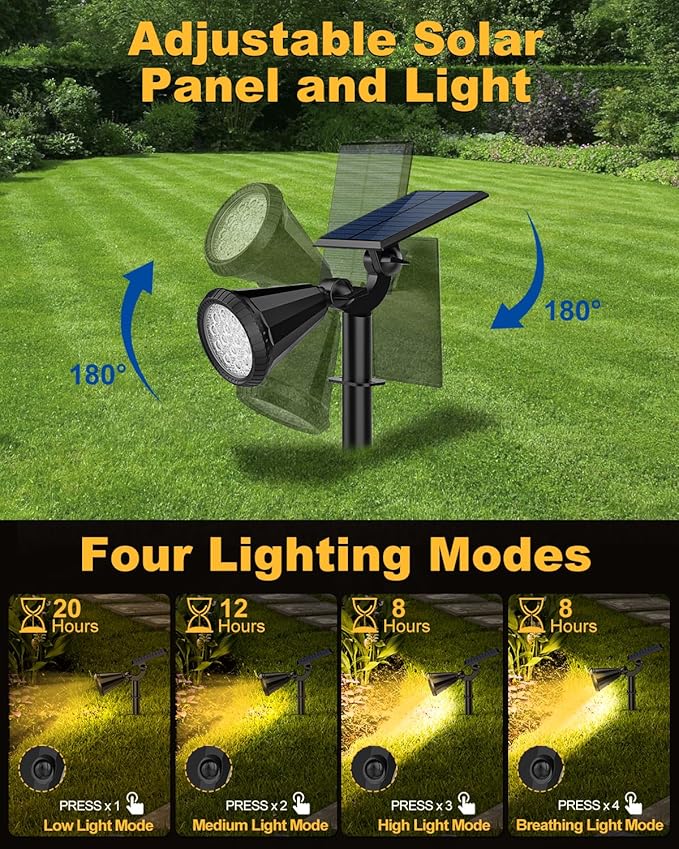 Solar Spot Lights Outdoor, 2 Pack Outdoor Solar Lights for Yard, IP65 Waterproof Solar Spotlights with 4 Modes, 2-in-1 Auto On/Off Solar Landscape Lights for Flood, Wall, Pathway (Warm White)