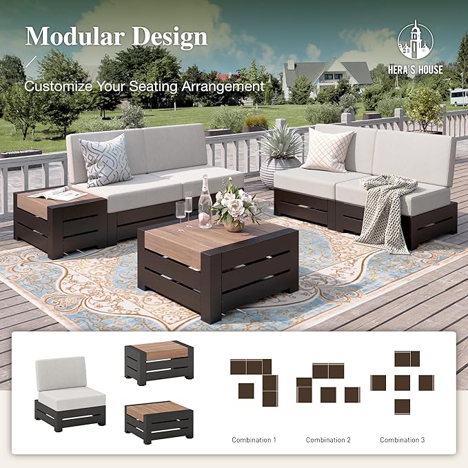 HERA'S HOUSE Patio Furniture Set 6-Piece, All Weather Outdoor Sectional Sofa with Coffee Table & Side Table, 5.9" Thick Waterproof Cushions, Modular Conversation Set for Garden, Deck, Backyard
