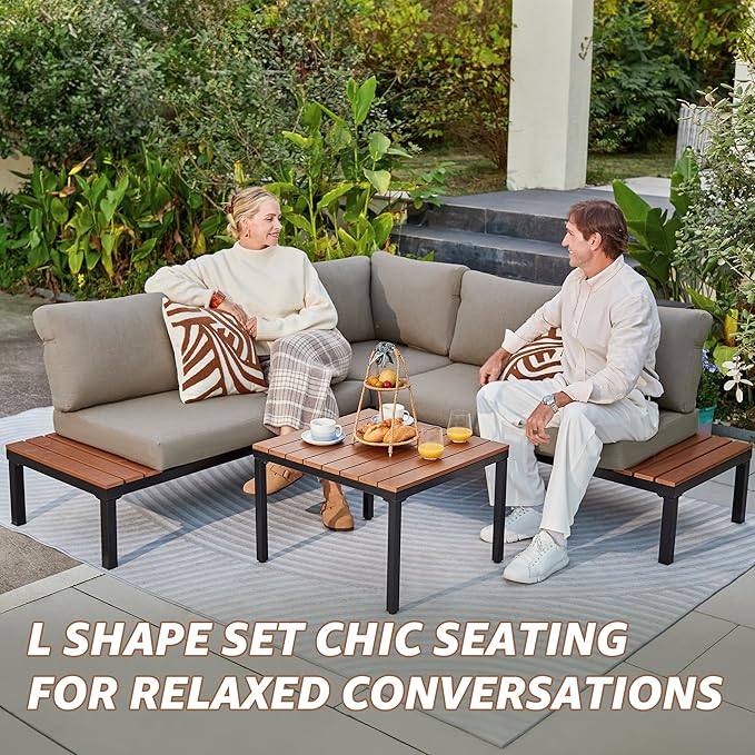 NATURAL EXPRESSIONS Patio Furniture Sets, Metal Outdoor Sectional L Shape Corner Sofa Outdoor Couch with Detachable Backrest,3 Fauxwood Tables,Black Frame,Shale Olefin Cushions for Yard,Garden