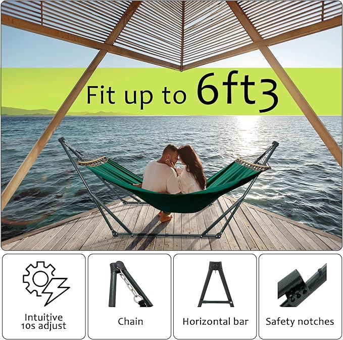 Tranquillo Sturdy Steel Hammock Stand with Premium Cotton Canvas, 600 lbs Capacity Folding, Portable Hammock Stand 30-Second Fold Unfold Spacious Design, (Canvas - Emerald Green)
