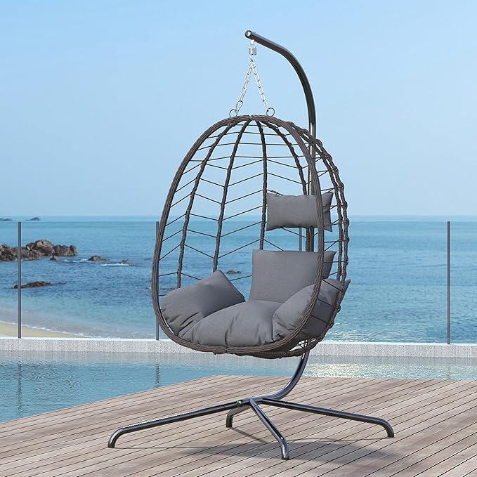 Hanging Egg Chair with Stand, Swinging Egg Chair Outdoor Indoor, Hanging Basket Chair with Cushion, Patio Wicker Hammock Chair 350lbs Capacity for Bedroom, Balcony, Backyard, Garden (Grey)