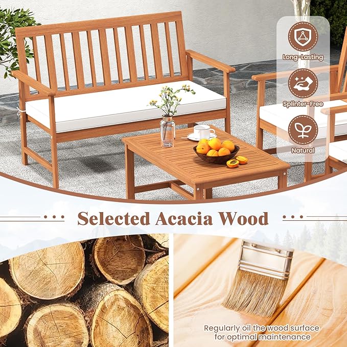 Tangkula 4-Piece Acacia Wood Patio Conversation Set, Outdoor Furniture Set with 2 Armchairs, Loveseat, Coffee Table, Soft Cushions, Slatted Sofa and Chairs Set for Deck, Backyard (Off White,1)