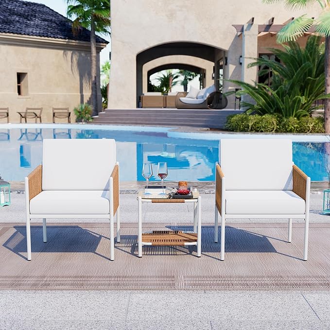 3 Pieces Patio Bistro Set,Outdoor Wicker Furniture Sets,Rattan Glass Table and Chairs Patio Conversation Set with Cushions for Lawn,Garden,Balcony(Beige)