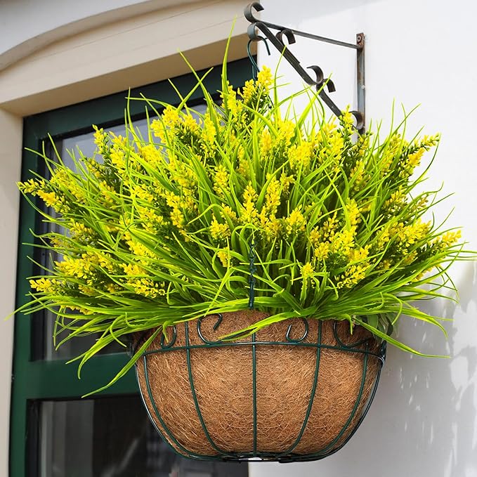 20 Bundles Artificial Plants Outdoor Fake Monkey Grass with Flowers (Yellow)