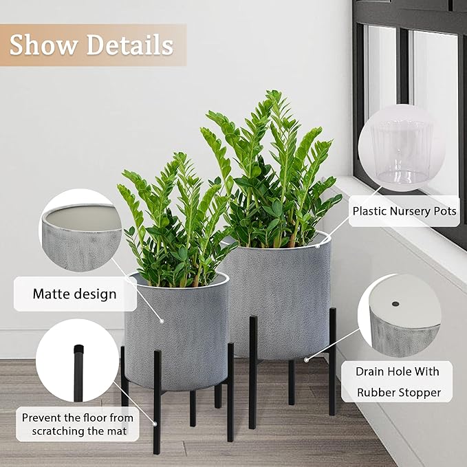 ARNIS Modern Plant Pots, Set of 2 Large Planters with Stand, Decorative Planters, Metal Pots with Drainage Holes for Living Room, Office, Garden or Balcony, 8.25 &10.5 Inch, Dark Cement Matte