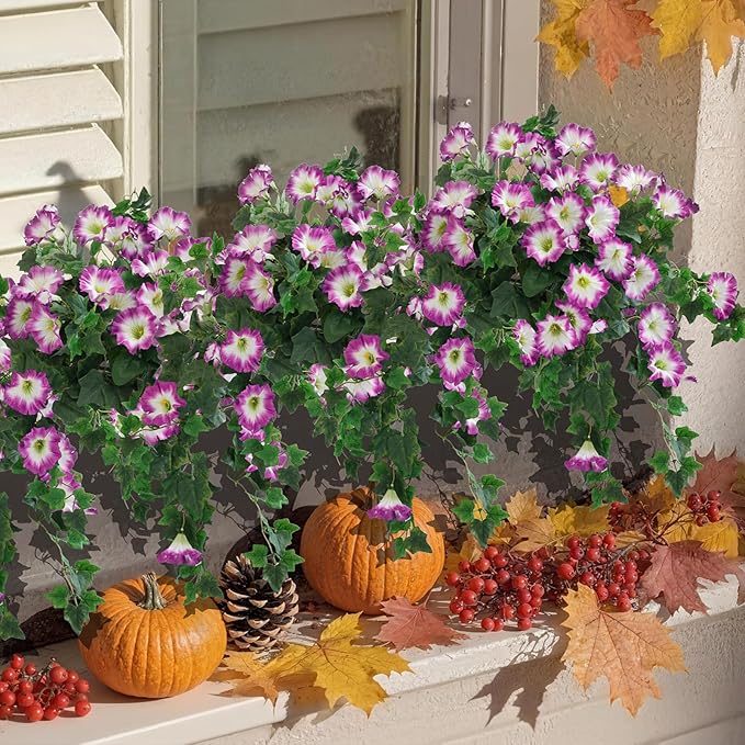 Artificial Fake Flowers Plants for Outdoor Decoration, 2PCS Faux Petunias Silk Plants UV Resistant Realistic Porch Garden Balcony Decor, Fake Flowers for Outdoor Planters Home Decor(Pure purple-red)