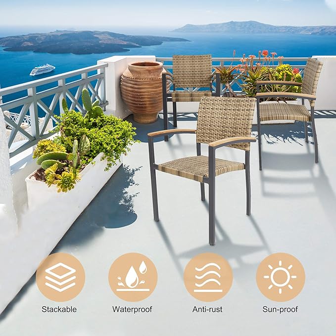 TRY & DO Patio Dining Chairs Set of 4,Outdoor Wicker Stackable Dining Chairs with Wooden Armrest PE Rattan Aluminum Frame Patio Furniture Sets for Garden, Balcony, Lawn and Indoors (Brown)