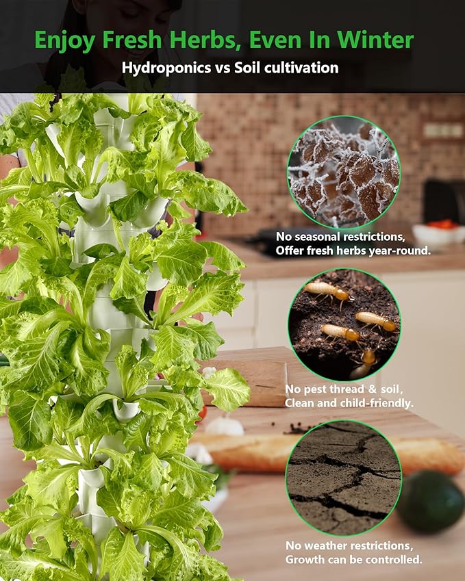 Hydroponic Tower Growing System，30 Pods Vertical Garden，Suitable for Indoor and Outdoor, Grow Herbs and Vegetables，Houseplant Farming with Water Circulation and Automatic Timer
