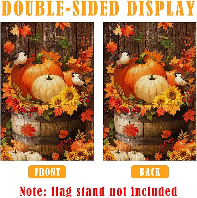 Fall Thanksgiving Pumpkin Garden Flag with LED Lights, Halloween 12 x 18 Inch Double Sided Vertical Burlap Cardinals Bird Fall Garden Flag for Seasonal Holiday Outdoor Yard Decoration