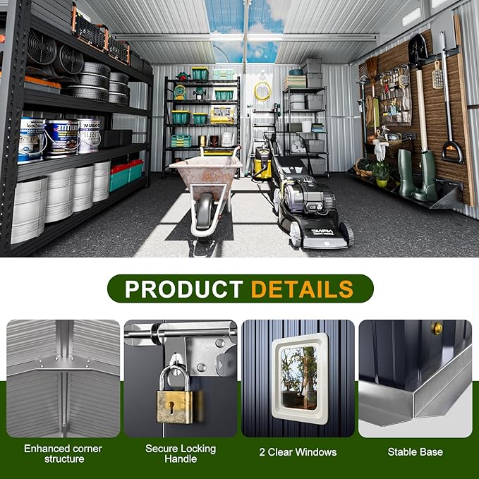 12x10 FT Metal Sheds & Outdoor Storage: Heavy Duty Garden Sheds with Dual Transparent Roof Panels, DIY-installable Windows & Lockable Doors, Weatherproof Tool Shed for Backyard, Garden, Patio, Grey