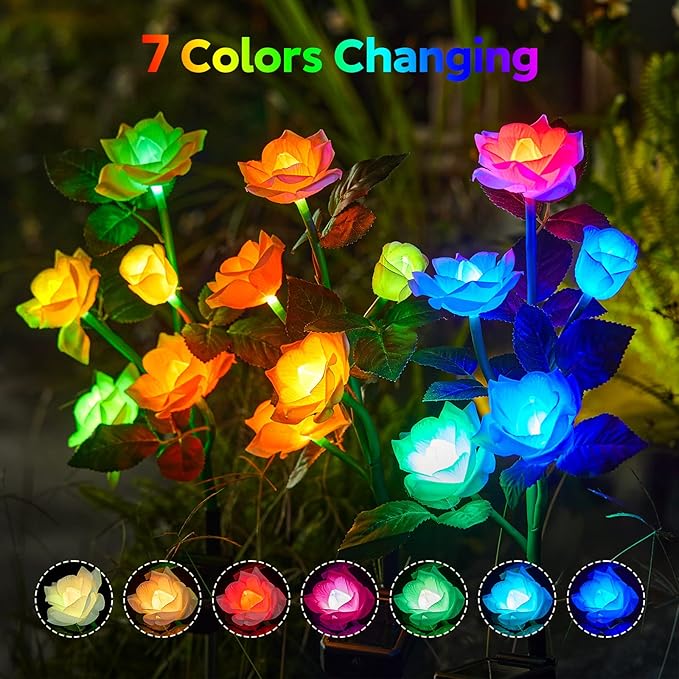 RECHOO Solar Garden Lights Outdoor Decorative, 3 Pack Solar Flower Lights with 15 Rose Flowers, Multi-Color Changing LED Waterproof Garden Decor for Patio Yard Pathway Decoration