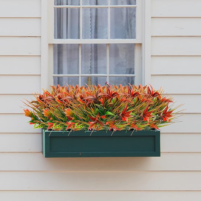 Uieke 16Pcs Outdoor Artificial Plants UV Resistant, Fake Morning Glory Flowers with Orange Grass, Tropical Flowers Fall Leaves Foliage for Garden Patio Sidewalk Décor Red